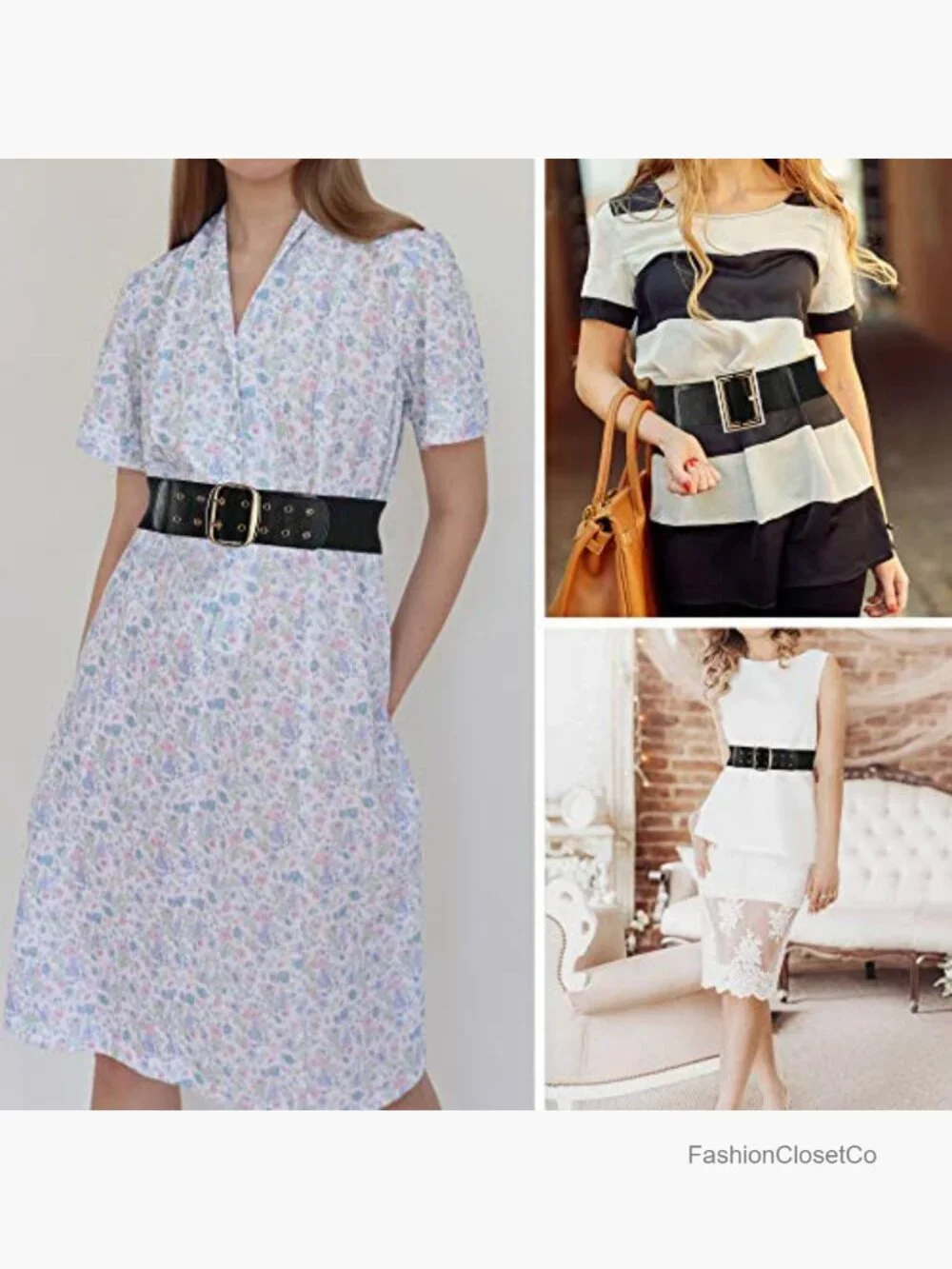 Women Wide Elastic Dress Belt Stretch Waist Cinch Belt Vintage PU Leather Buckle